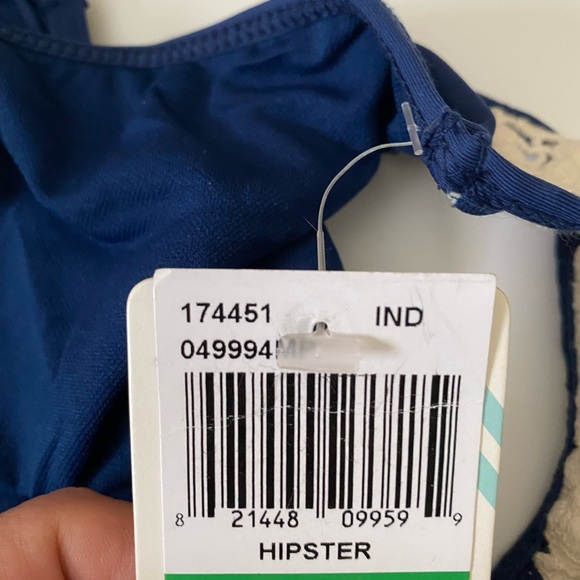 Lucky Brand bikini bottoms hipster navy blue crochet white swimsuit bathing, L - Picture 9 of 11